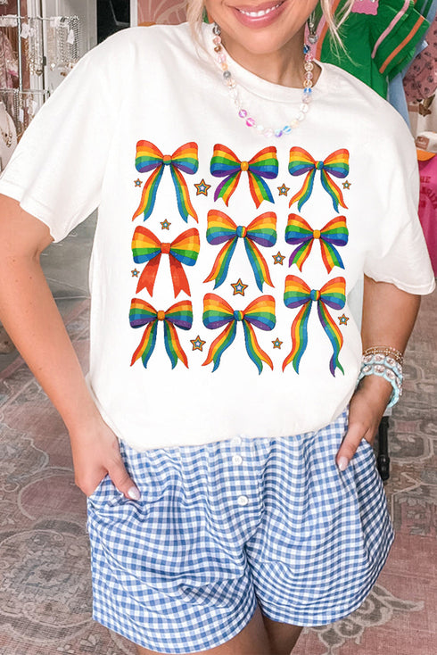 Rainbow Bows And Stars Graphic Print Casual Short Sleeve Tee Shirt