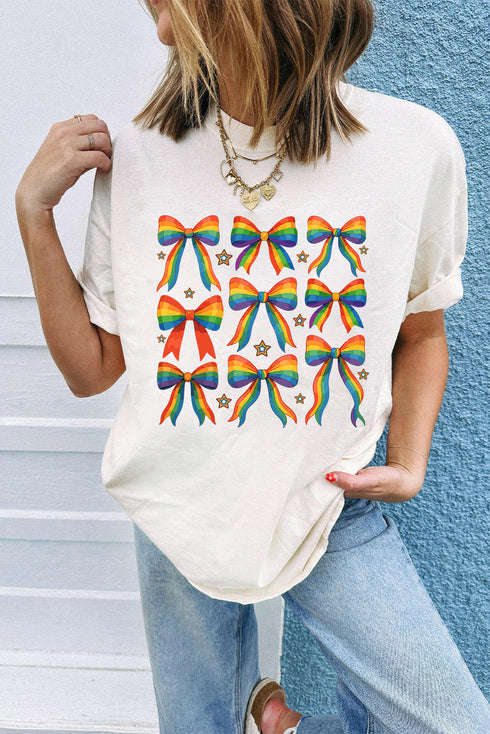Rainbow Bows And Stars Graphic Print Casual Short Sleeve Tee Shirt