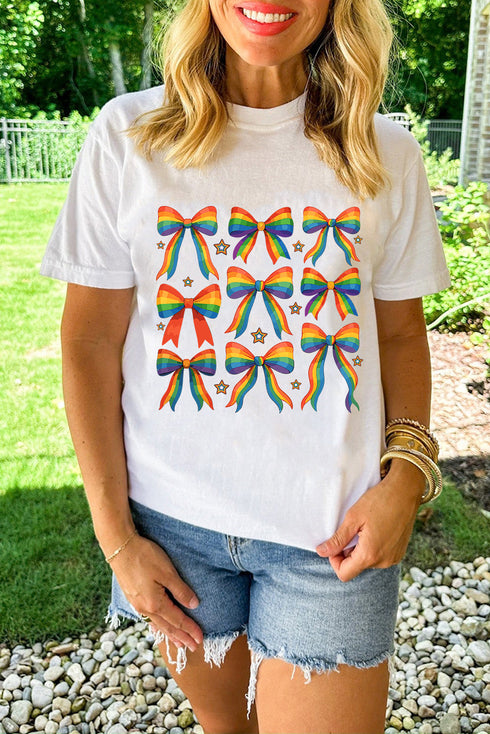 Rainbow Bows And Stars Graphic Print Casual Short Sleeve Tee Shirt