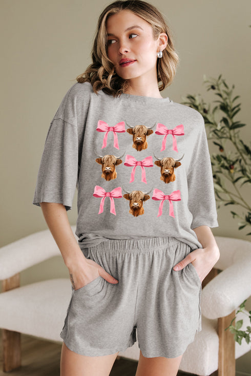 Ranch Ready Cow Print Bow Graphic Tee Comfy Shorts Set