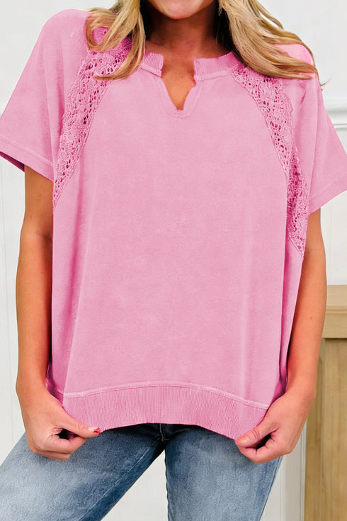 Raw Cut Notched Neck Lace Patchwork Mineral Wash Tee