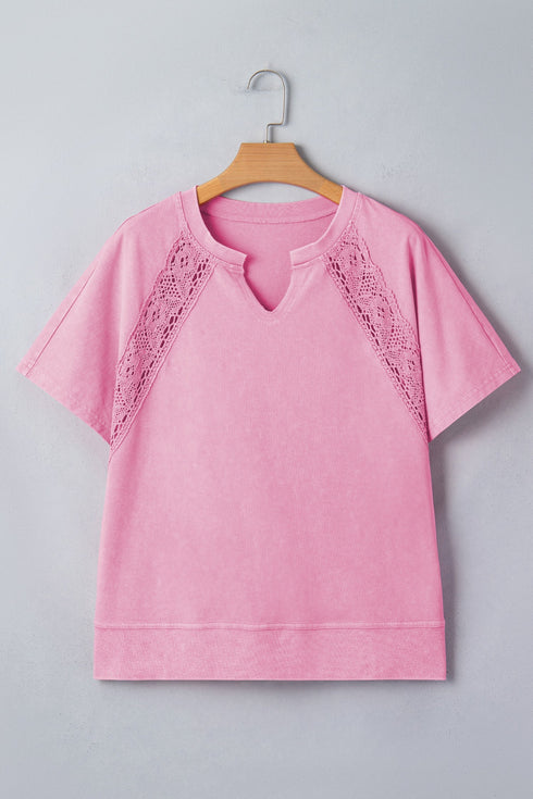 Raw Cut Notched Neck Lace Patchwork Mineral Wash Tee