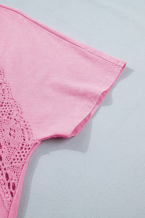 Raw Cut Notched Neck Lace Patchwork Mineral Wash Tee