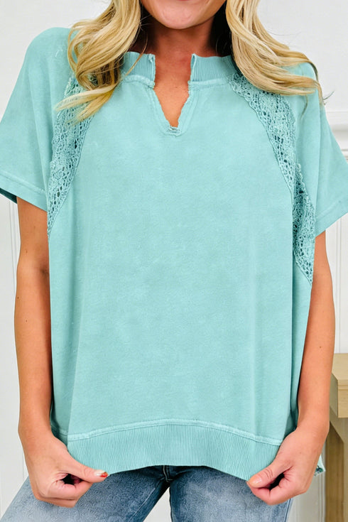 Raw Cut Notched Neck Lace Patchwork Mineral Wash Tee