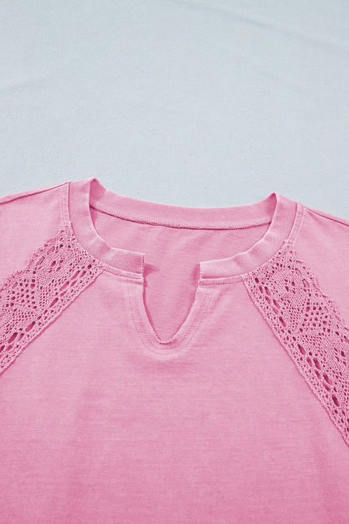 Raw Cut Notched Neck Lace Patchwork Mineral Wash Tee