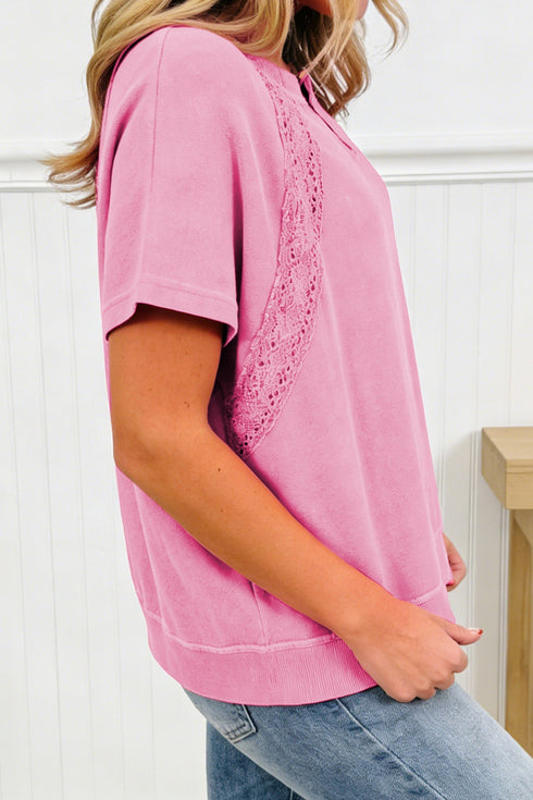 Raw Cut Notched Neck Lace Patchwork Mineral Wash Tee