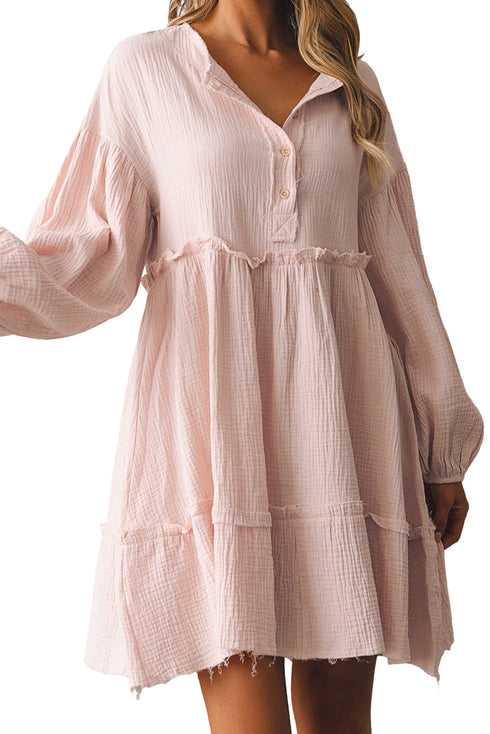 Raw Edge Crinkle Gauze Bishop Sleeve Dress