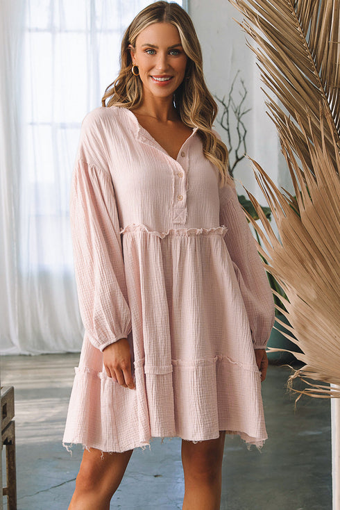 Raw Edge Crinkle Gauze Bishop Sleeve Dress