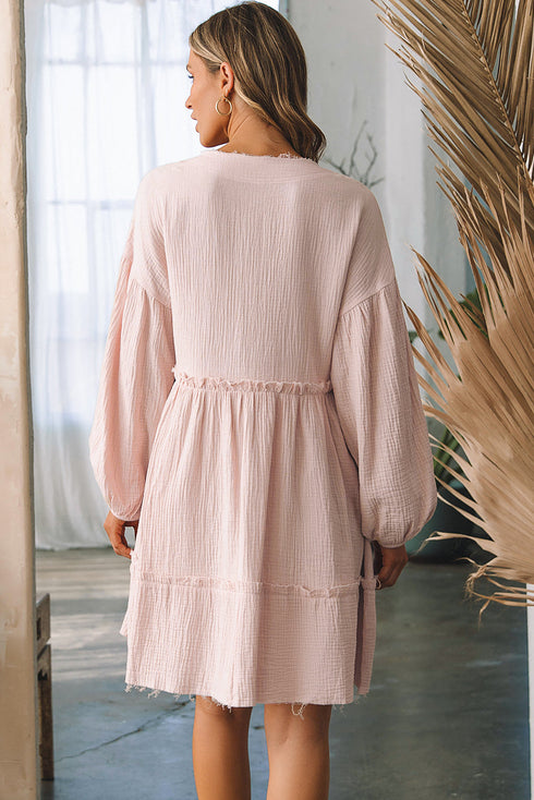 Raw Edge Crinkle Gauze Bishop Sleeve Dress