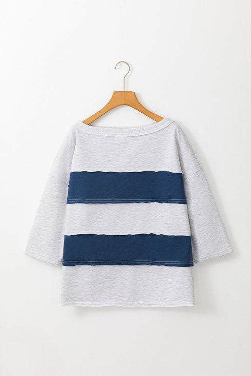Raw Edge Exposed Seam Striped Long Sleeve Top