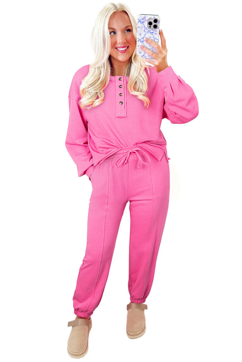 Raw Edge Half Button Pullover Jogger Pant Sets