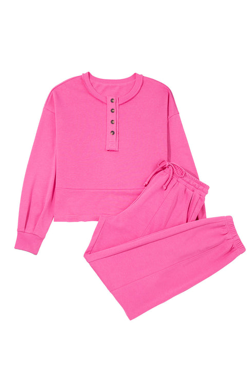 Raw Edge Half Button Pullover Jogger Pant Sets
