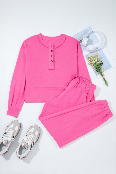 Raw Edge Half Button Pullover Jogger Pant Sets