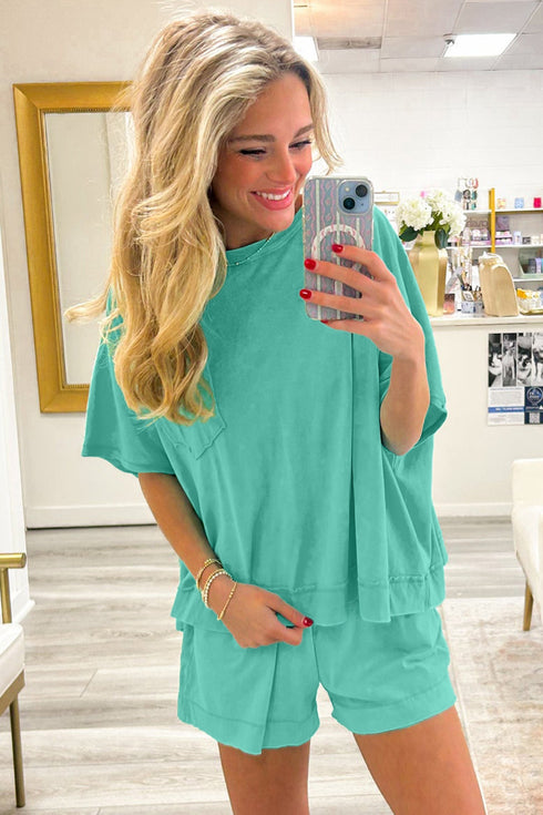 Raw Edge Patch Pocket Oversized Top And Shorts Set