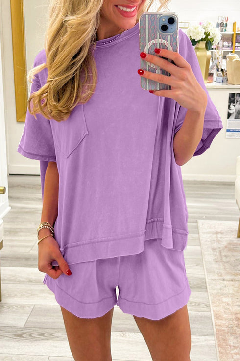Raw Edge Patch Pocket Oversized Top And Shorts Set