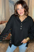 Raw Edge Sequin Sleeve Henley Pullover