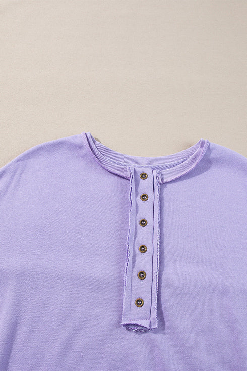 Raw Edge Sequin Sleeve Henley Pullover