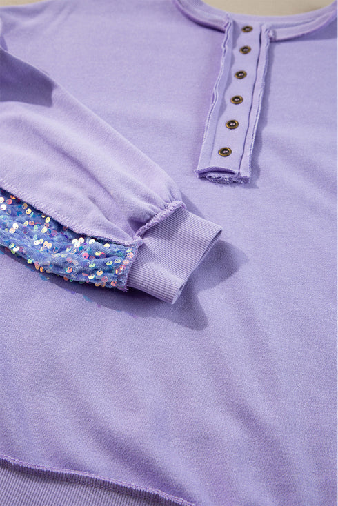 Raw Edge Sequin Sleeve Henley Pullover