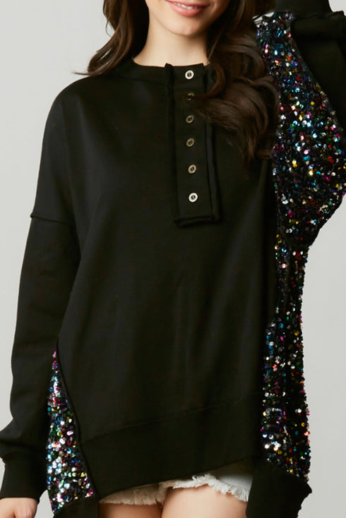 Raw Edge Sequin Sleeve Henley Pullover