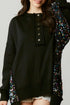 Raw Edge Sequin Sleeve Henley Pullover