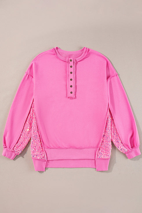 Raw Edge Sequin Sleeve Henley Pullover