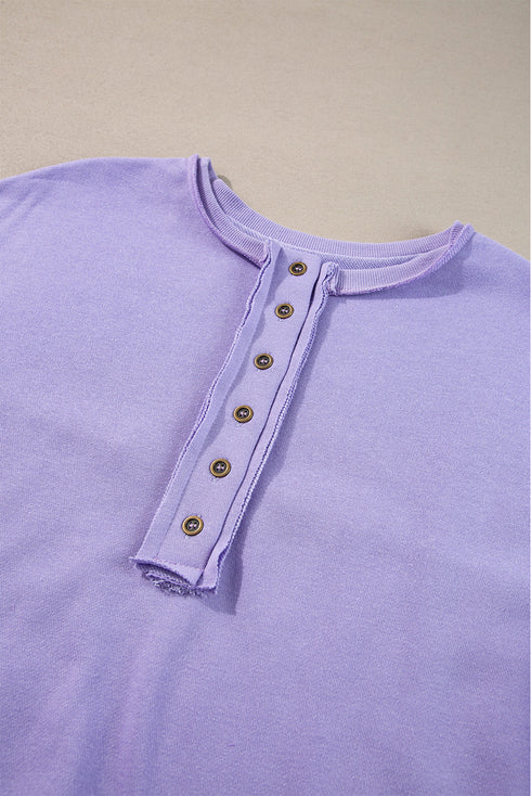 Raw Edge Sequin Sleeve Henley Pullover