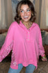Raw Edge Sequin Sleeve Henley Pullover