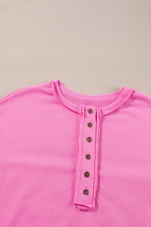 Raw Edge Sequin Sleeve Henley Pullover