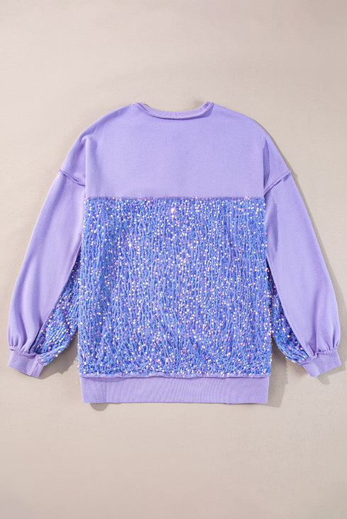 Raw Edge Sequin Sleeve Henley Pullover