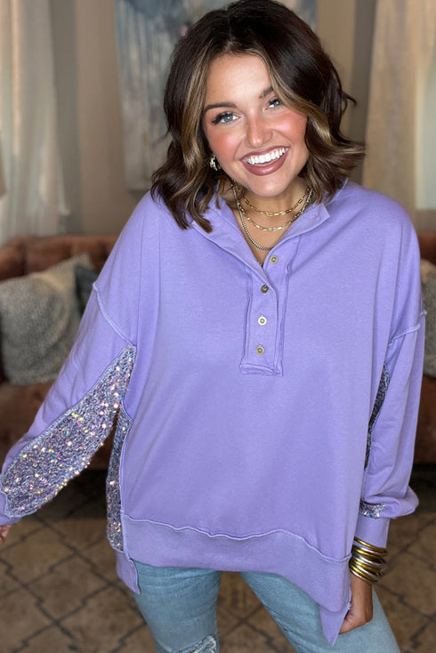 Raw Edge Sequin Sleeve Henley Pullover