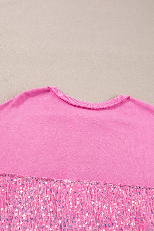 Raw Edge Sequin Sleeve Henley Pullover