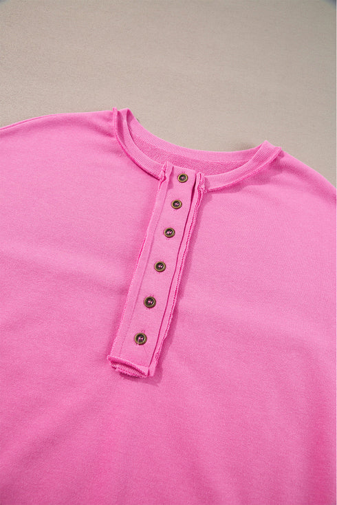 Raw Edge Sequin Sleeve Henley Pullover