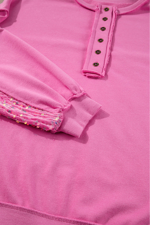 Raw Edge Sequin Sleeve Henley Pullover