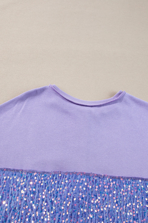 Raw Edge Sequin Sleeve Henley Pullover