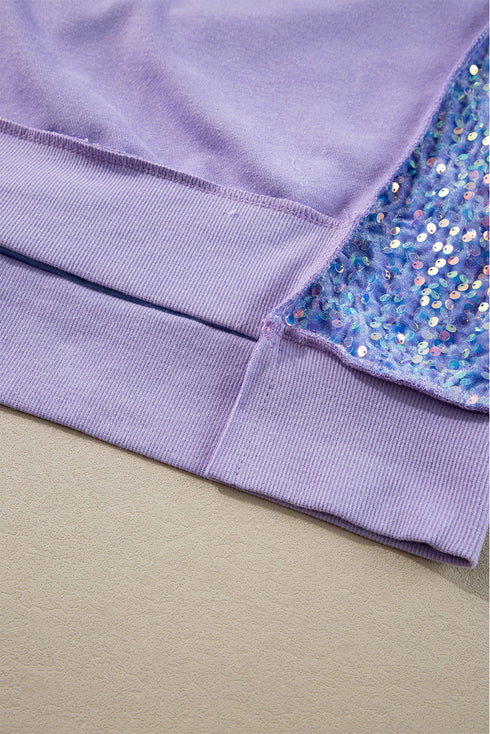 Raw Edge Sequin Sleeve Henley Pullover