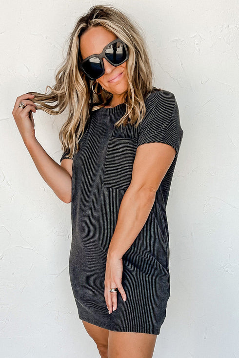 Raw Edge Textured Ribbed Knit Shift Dress