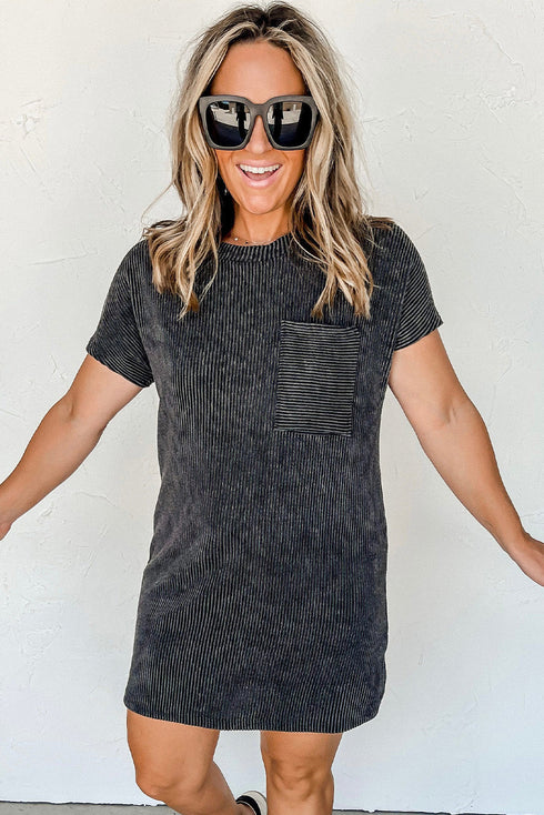 Raw Edge Textured Ribbed Knit Shift Dress