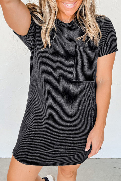 Raw Edge Textured Ribbed Knit Shift Dress