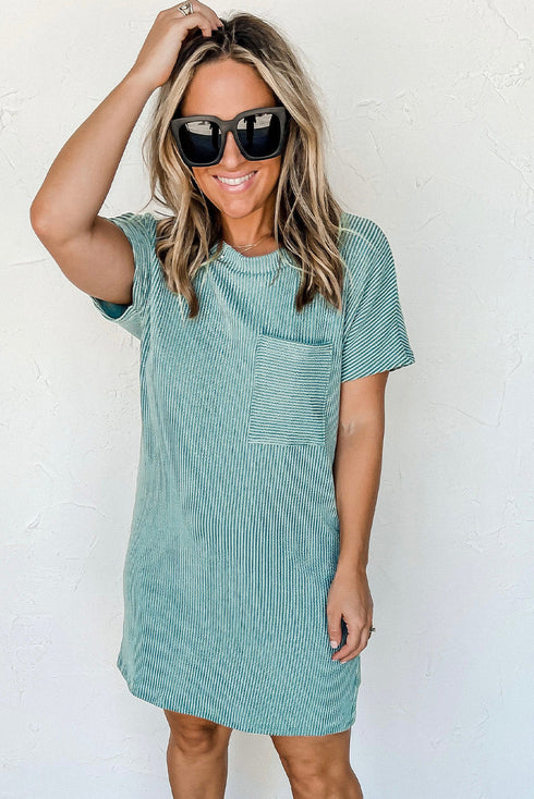 Raw Edge Textured Ribbed Knit Shift Dress
