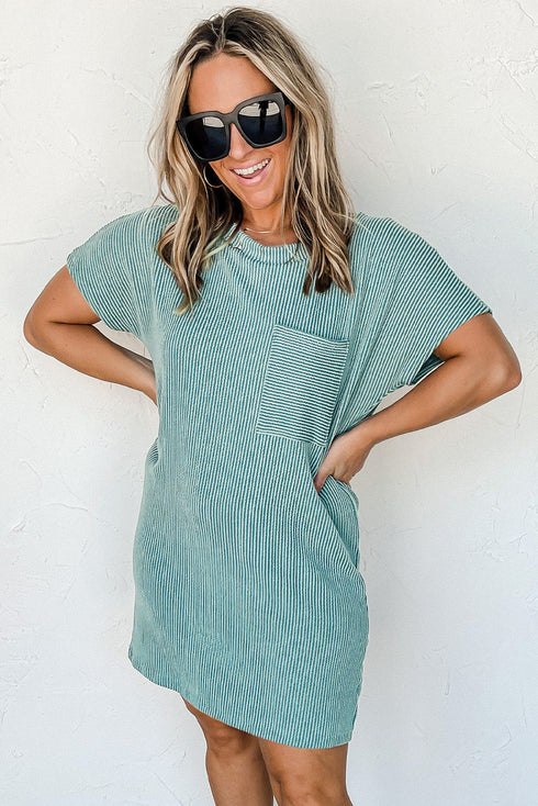 Raw Edge Textured Ribbed Knit Shift Dress