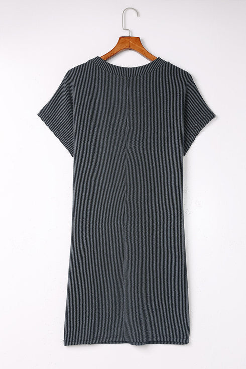 Raw Edge Textured Ribbed Knit Shift Dress