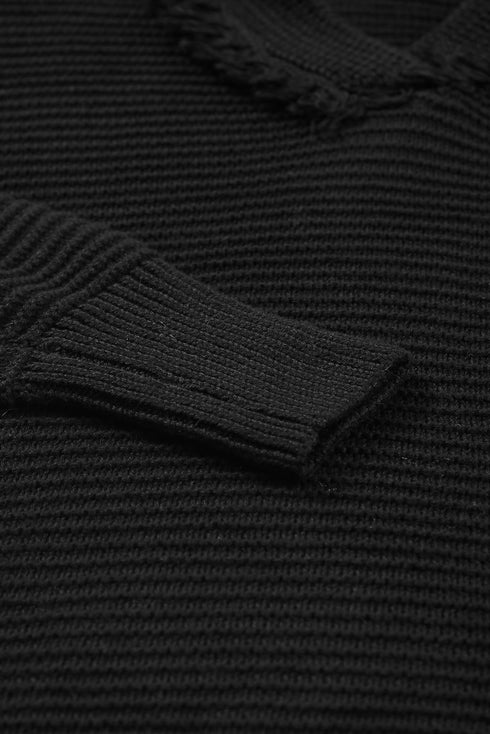 Raw Edge V Neck Ribbed Knit Hooded Sweater