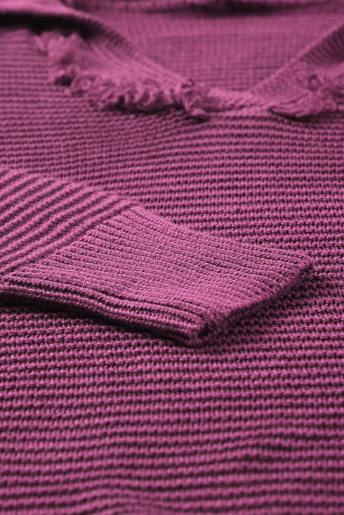 Raw Edge V Neck Ribbed Knit Hooded Sweater