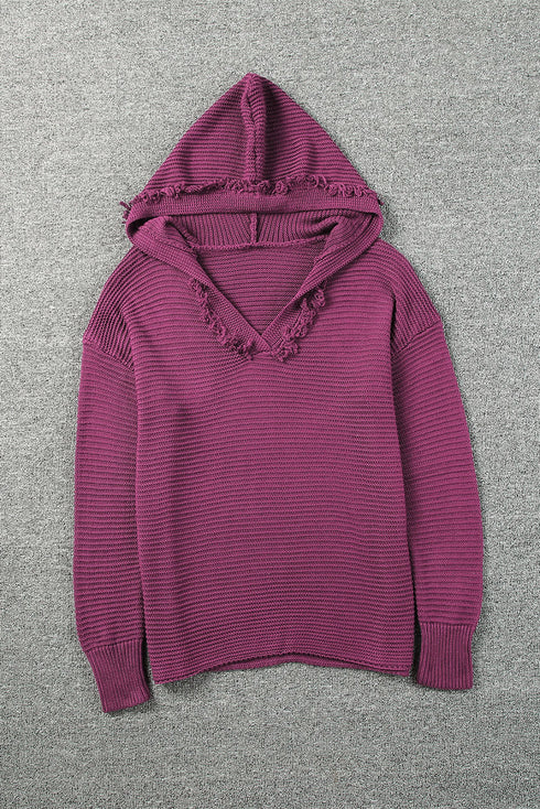 Raw Edge V Neck Ribbed Knit Hooded Sweater