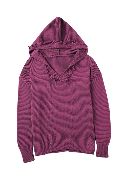 Raw Edge V Neck Ribbed Knit Hooded Sweater