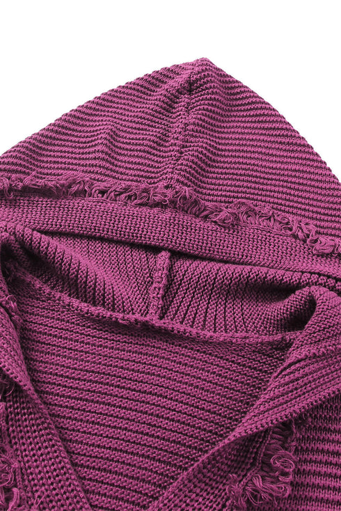 Raw Edge V Neck Ribbed Knit Hooded Sweater
