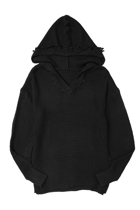Raw Edge V Neck Ribbed Knit Hooded Sweater