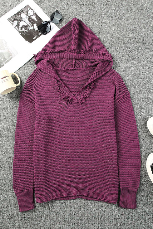Raw Edge V Neck Ribbed Knit Hooded Sweater