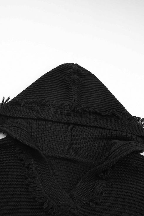 Raw Edge V Neck Ribbed Knit Hooded Sweater