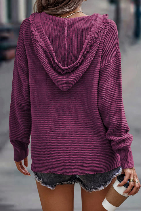 Raw Edge V Neck Ribbed Knit Hooded Sweater